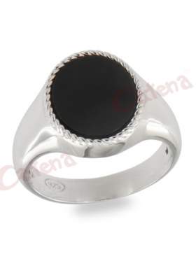 Δακτυλίδι ασημένιο επιπλατινωμένο ανδρικό με μαύρη πέτρα όνυχας