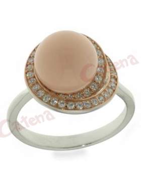 Δαχτυλίδι ασημένιο επιπλατίνωμένο με άσπρες πέτρες ζιργκόν και ροζ πέρλα