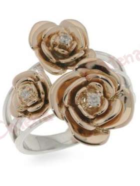 Δαχτυλίδι ασημένιο,διπλό επιπλατινωμένο με λευκές πέτρες ζιργκόν με σχέδιο λουλούδια στο κέντρο και ροζ επιχρύσωμαα