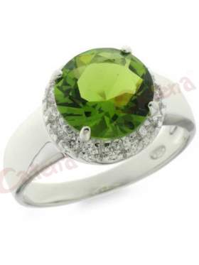 Ασημένιο δαχτυλίδι επιπλατινωμένο με άσπρες πέτρες ζιργκόν και πράσινη στο κέντρο