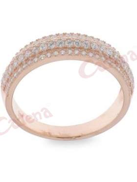 Ασημένιο δαχτυλίδι με ροζ επιχρύσωμα και άσπρες πέτρες ζιργκόν σε σχέδιο μισόβερο
