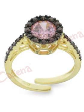 Ασημένιο δαχτυλίδι επιχρυσωμένο κίτρινο με ροζ πέτρα στο κέντρο και μαύρες