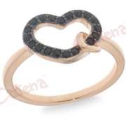 Δαχτυλίδι ασημένιο με ροζ επιχρύσωμα με μαύρες πέτρες ζιργκόν σε σχέδιο καρδιά