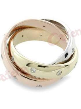 Ασημένιο δαχτυλίδι τρίβερο με τρία χρώματα λευκό κίτρινο ροζ και άσπρες ζιργκόν πέτρες