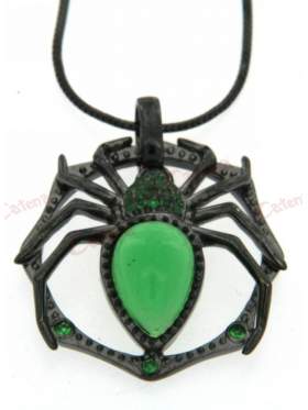 Μενταγιόν ασημένιο με αλυσίδα σε μαύρο επιπλατίνωμα σχέδιο αράχνη με πράσινη πέτρα ζιργκόν
