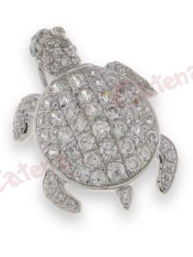 Μενταγιόν ασημένιο επιπλατινωμένο σχέδιο χελώνα  με ζιργκόν λευκές πέτρες 