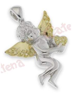 Μενταγιόν ασημένιο επιπλατινωμένο σχέδιο αγγελάκι με καρδιά και λευκές πέτρες ζιργκόν και κίτρινο επιχρύσωμα στα φτερά