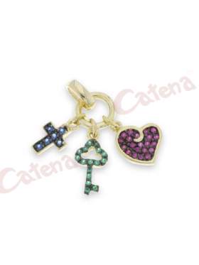 Μενταγιόν ασημένιο επιχρυσωμένο με πέτρες ζιργκόν σε διάφορα χρώματα σχέδιο σταυρός κλειδί καρδιά