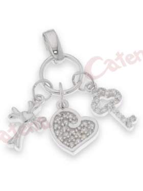 Μενταγιόν ασημένιο επιπλατινωμένο με άσπρες πέτρες ζιργκόν σε σχέδιο καρδιά κλειδί σταυρός