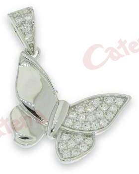 Μενταγιόν ασημένιο επιπλατινωμένο στολισμένο με άσπρες πέτρες ζιργκόν σε σχέδιο πεταλούδα