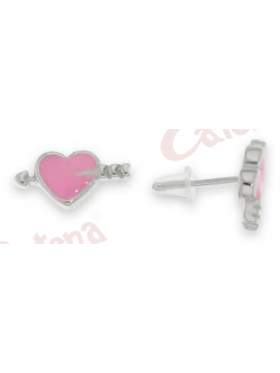 Σκουλαρίκια ασημένια επιπλατινωμένα σε σχέδιο καρδιά με βέλος και ρόζ σμάλτο
