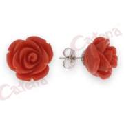 Σκουλαρίκια ασημένια επιπλατινωμένα με κόκκινη πέρλα σε σχέδιο τριαντάφυλλο 