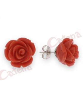 Σκουλαρίκια ασημένια επιπλατινωμένα με κόκκινη πέρλα σε σχέδιο τριαντάφυλλο 