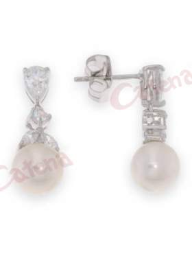 Σκουλαρίκια ασημένια επιπλατινωμένα με πέρλες σε χρώμα λευκό και άσπρες πέτρες ζιργκόν για νύφες