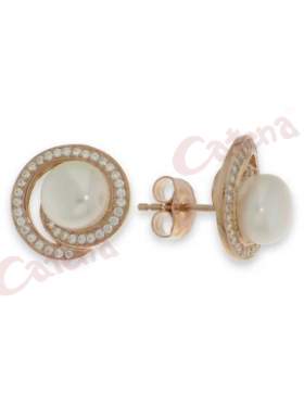Σκουλαρίκια ασημένια, επιπλατινωμένα στολισμένα με λευκές πέτρες ζιργκόν και πέρλα 