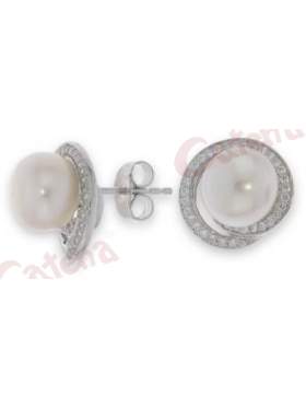 Σκουλαρίκια ασημένια επιπλατινωμένα με άσπρες πέτρες ζιργκόν και πέρλα