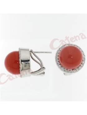 Σκουλαρίκια ασημένια επιπλατινωμένα με άσπρες πέτρες ζιργκόν και κόκκινες πέρλες