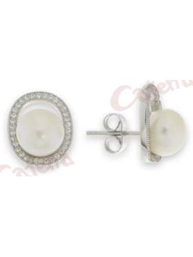 Σκουλαρίκια ασημένια επιπλατινωμένα με άσπρη πέρλα και λευκές πέτρες ζιργκόν
