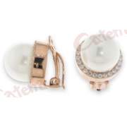 Σκουλαρίκια ασημένια με ροζ επιχρύσωμα και άσπρες πέτρες ζιργκόν και πέρλα στο κέντρο κούμπωμα ωμέγα ασφαλείας χωρίς καρφί μόνο κλιπ