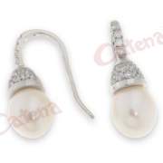 Σκουλαρίκια ασημένια επιπλατινωμένα με άσπρες πέτρες ζιργκόν και λευκή πέρλα