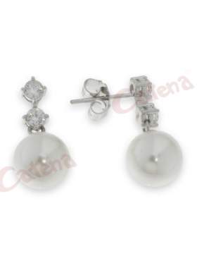 Σκουλαρίκια ασημένια επιπλατινωμένα με άσπρες πέτρες ζιργκόν λευκές πέρλες και κούμπωμα πεταλούδα 