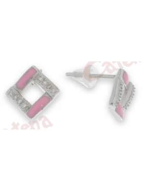 Σκουλαρίκια ασημένια επιπλατινωμένα με λευκές πέτρες ζιργκόν και ροζ σμάλτο