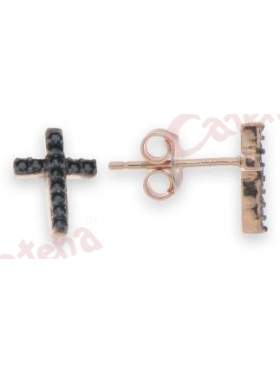 Σκουλαρίκια ασημένια με ροζ επιχρύσωμα και μαύρες πέτρες ζιργκόν σε σχέδιο σταυρό