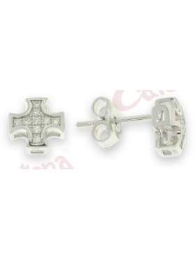 Σκουλαρίκια ασημένια επιπλατινωμένα με άσπρες πέτρες ζιργκόν σε σχέδιο σταυρό