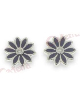 Σκουλαρίκια ασημένια με άσπρες πέτρες με μοβ σμάλτο σε σχέδιο λουλούδι