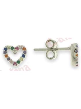Σκουλαρίκια ασημένια επιπλατινωμένα με πολύχρωμες πέτρες ζιργκόν σε σχέδιο καρδιά 