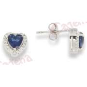 Σκουλαρίκια ασημένια με άσπρες πέτρες ζιργκόν και μπλε σε σχέδιο καρδιά