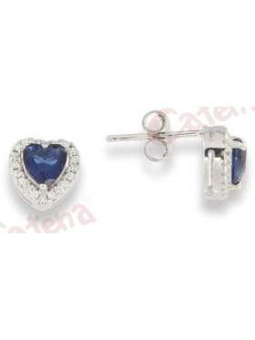 Σκουλαρίκια ασημένια με άσπρες πέτρες ζιργκόν και μπλε σε σχέδιο καρδιά