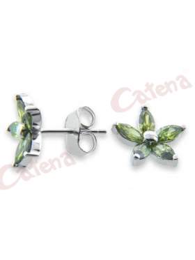 Σκουλαρίκι ασημένιο επιπλατινωμένο με πράσινες πέτρες ζιργκόν σε σχέδιο λουλούδι