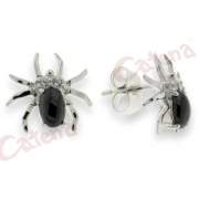 Σκουλαρίκια ασημένια, επιπλατινωμένα  στολισμένα με άσπρες πέτρες και μαύρες ζιργκόν σχέδιο αράχνη