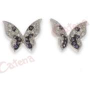 Σκουλαρίκια ασημένια, επιπλατινωμένα με σχέδιο πεταλούδα στολισμένη με αμέθυστο και λευκές πέτρες ζιργκόν 