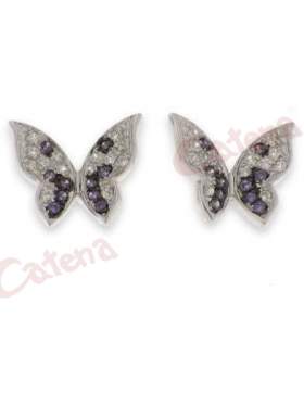 Σκουλαρίκια ασημένια, επιπλατινωμένα με σχέδιο πεταλούδα στολισμένη με αμέθυστο και λευκές πέτρες ζιργκόν 