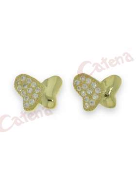 Σκουλαρίκια ασημένια, επιχρυσωμένα με σχέδιο πεταλούδα στολισμένη με λευκές πέτρες ζιργκόν