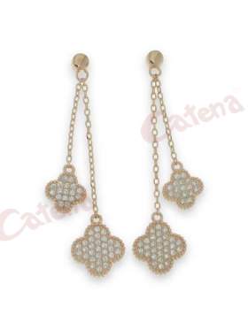 Σκουλαρίκια ασημένια, επιπλατινωμένα σε ρόζ χρυσό, στολισμένα με άσπρη πέτρα ζιργκόν με σχέδιο σταυρό