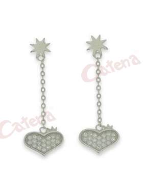 Σκουλαρίκια ασημένια, επιπλατινωμένα, στολισμένα με άσπρη πέτρα ζιργκόν με σχέδιο καρδιά