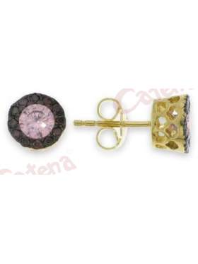 Ασημένια σκουλαρίκια επιπλατινωμένα στολισμένα με ροζ και μαύρες πέτρες ζιργκόν