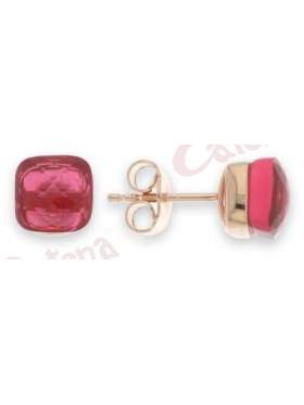 Σκουλαρίκια ασημένια με ροζ επιχρύσωμα και κόκκινη πέτρα ζιργκόν