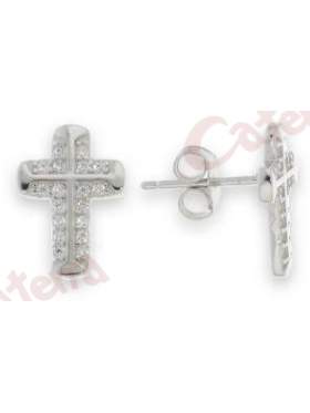 Ασημένια σκουλαρίκια επιπλατινωμένα στολισμένα με άσπρες πέτρες ζιργκόν σε σχέδιο σταυρό