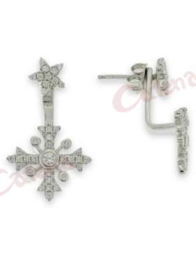 Σκουλαρίκι ασημένιο επιπλατινωμένο με πέτρες ζιργκόν άσπρες σε σχέδιο σταυρός και αστέρι