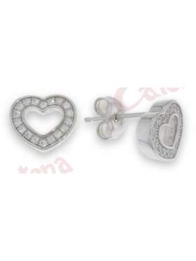 Σκουλαρίκι ασημένιο επιπλατινωμένο με πέτρες ζιργκόν άσπρες σε σχέδιο καρδιά