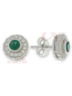 Σκουλαρίκι ασημένιο επιπλατινωμένο με πέτρες ζιργκόν άσπρες και πράσινη και κούμπωμα ασφαλείας πεταλούδα