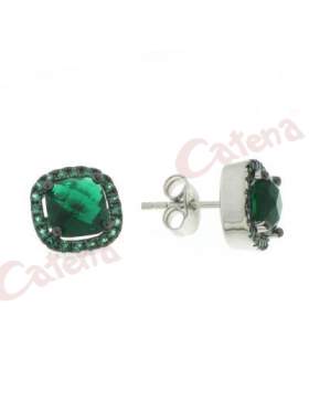 Σκουλαρίκια ασημένια επιπλατινωμένα με πράσινες πέτρες ζιργκόν και μαύρο ρόδιο 
