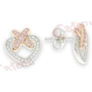 Σκουλαρίκια ασημένια επιπλατινωμένα και ροζ επιχρύσωμα με άσπρες πέτρες ζιργκόν σε σχέδιο καρδιά
