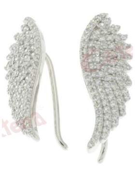 Σκουλαρίκια ασημένια επιπλατινωμένα με άσπρες πέτρες ζιργκόν σε σχέδιο φτερό