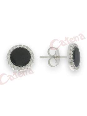 Σκουλαρίκια ασημένια επιπλατινωμένα με άσπρες πέτρες ζιρκόν και μαύρη στο κέντρο