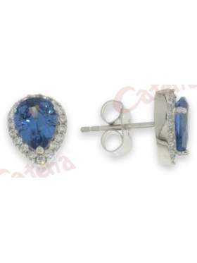 Σκουλαρίκια ασημένια επιπλατινωμένα με άσπρες πέτρες ζιργκόν και μπλε στο κέντρο
